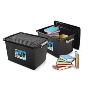 Container  Organizador  Com Tampa Preta  56 Litros - Trava  Prata