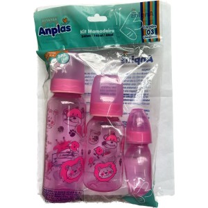Kit  Mamadeira   Reto  Color  Rosa 240/140/60Ml  Bico  Pvc