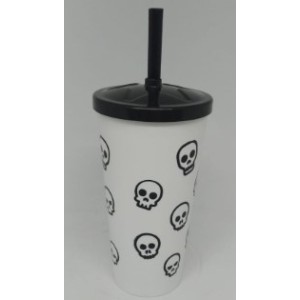 Copo Com Canudo  0,6 Litro Caveira  Branco